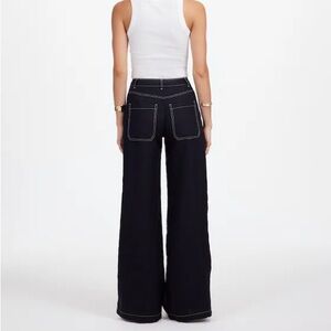 Express Wide Leg Stretchy High Waist Belted contrast stitch dark wash jeans